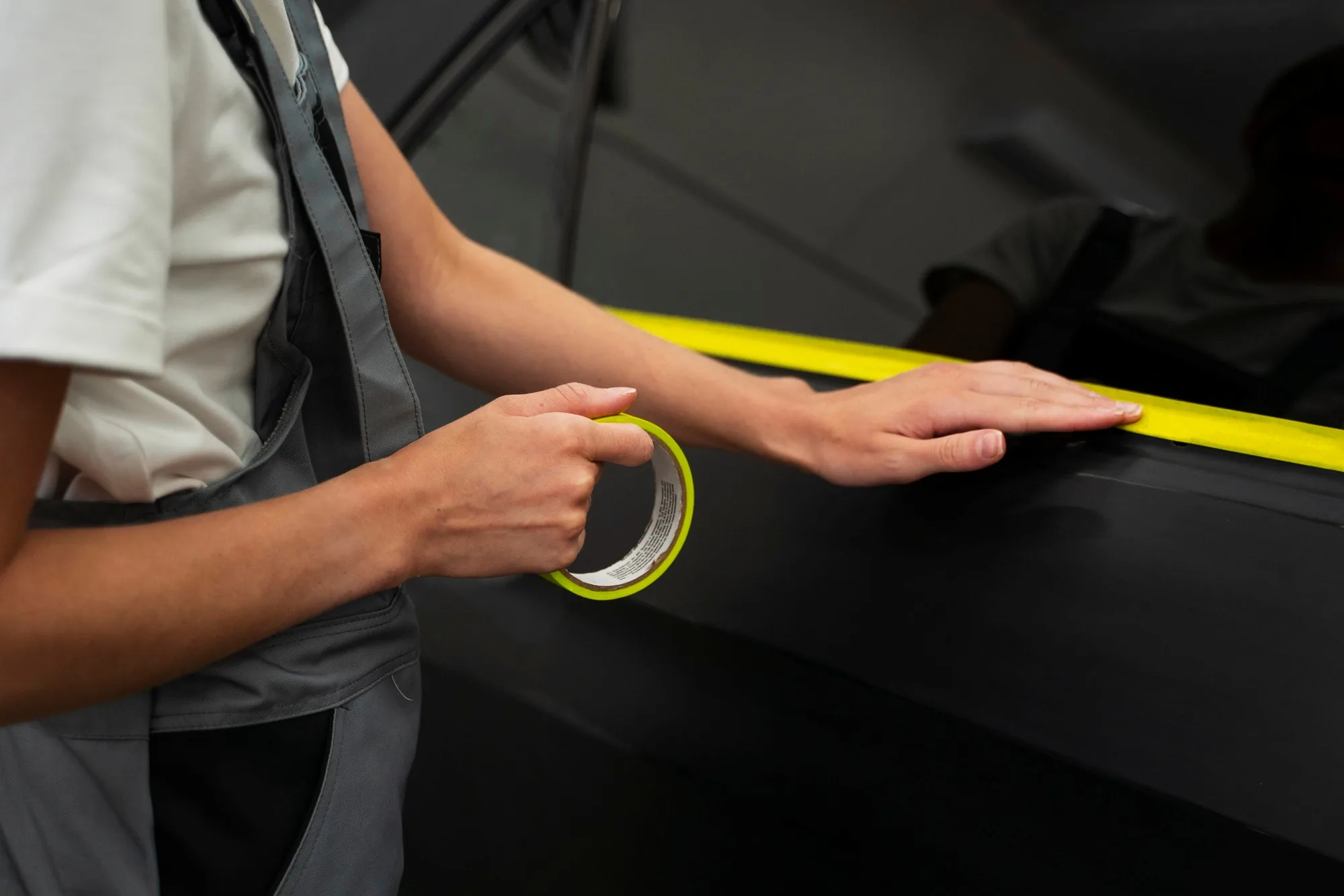 Side view of a car being carefully inspected at a detailing workshop